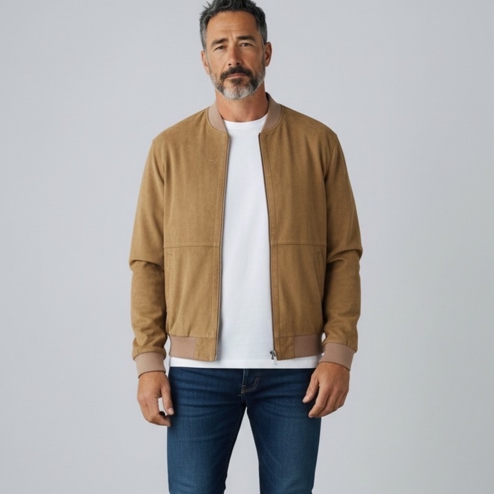 Zara Mens Tan Brown Faux Suede Bomber Jacket Full Zip L Ribbed Trim Harrington